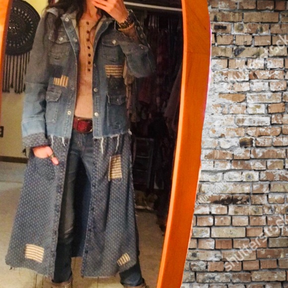 Upcycled patched fringed and frayed denim duster jean jacket - Picture 5 of 16